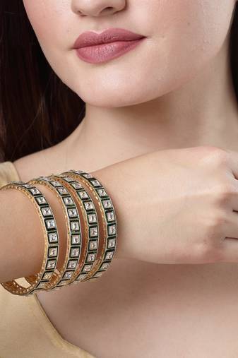 Women set of 4 gold-plated green kundan-studded traditional bangles