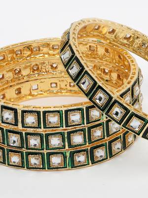Women set of 4 gold-plated green kundan-studded traditional bangles 3