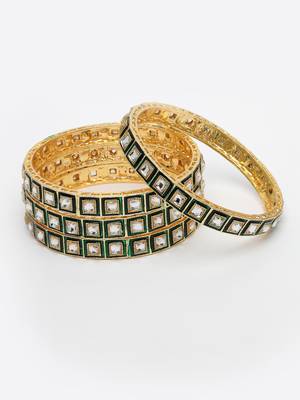 Women set of 4 gold-plated green kundan-studded traditional bangles 4