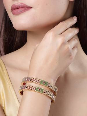 Women set of 2 gold-plated red kundan traditional bangles 1