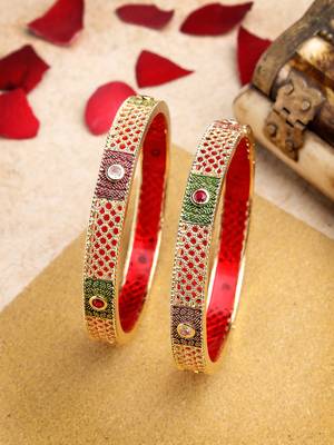 Women set of 2 gold-plated red kundan traditional bangles 2