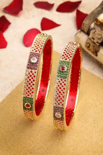 Women set of 2 gold-plated red kundan traditional bangles