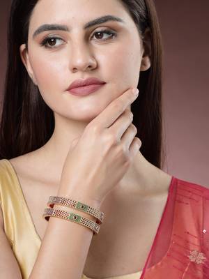 Women set of 2 gold-plated red kundan traditional bangles 3