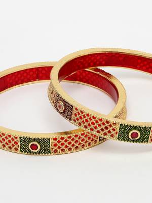 Women set of 2 gold-plated red kundan traditional bangles 4