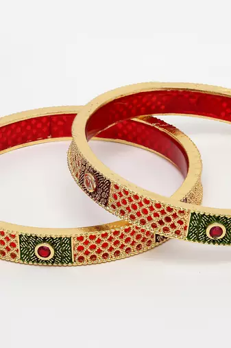 Women set of 2 gold-plated red kundan traditional bangles