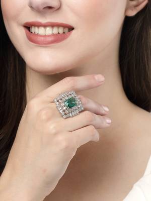 Women green & silver cz-studded  square-shaped adjustable finger ring 1