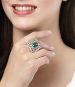 Women green & silver cz-studded  square-shaped adjustable finger ring