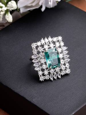 Women green & silver cz-studded  square-shaped adjustable finger ring 2