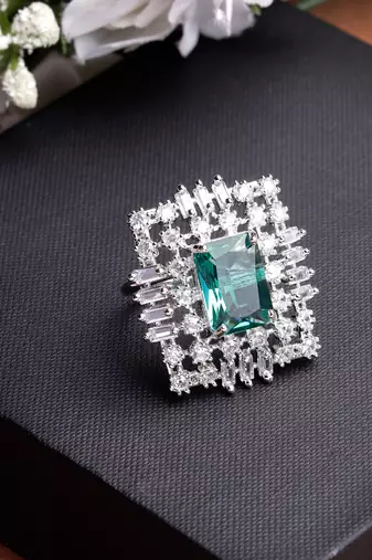 Women green & silver cz-studded  square-shaped adjustable finger ring