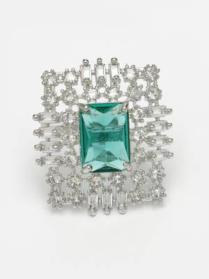 Women green & silver cz-studded  square-shaped adjustable finger ring 3