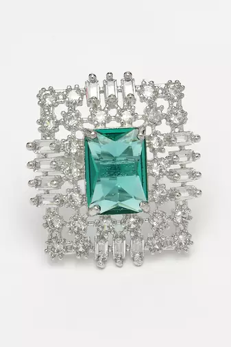 Women green & silver cz-studded  square-shaped adjustable finger ring