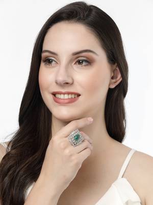 Women green & silver cz-studded  square-shaped adjustable finger ring 4