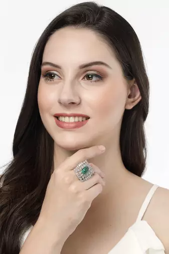 Women green & silver cz-studded  square-shaped adjustable finger ring