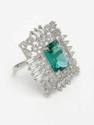 Women green & silver cz-studded  square-shaped adjustable finger ring 5