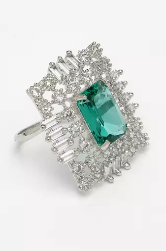 Women green & silver cz-studded  square-shaped adjustable finger ring