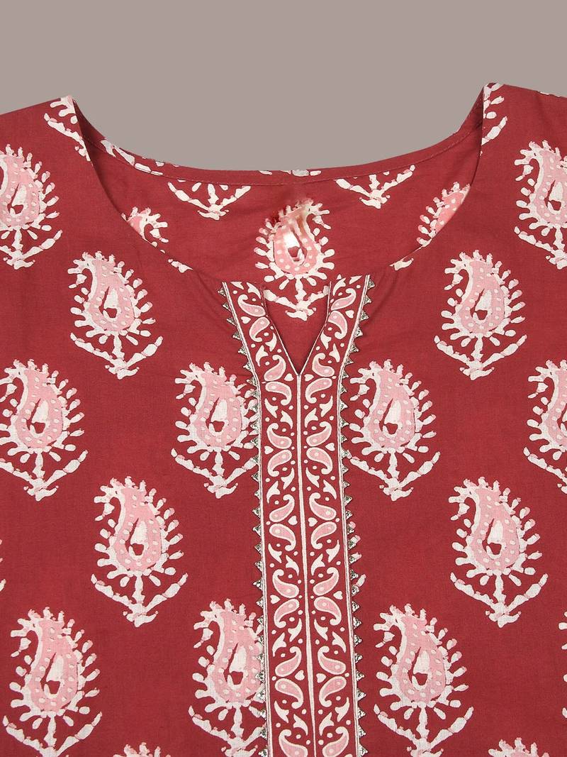 maroon paisley cotton blend fancy kurta with trouser set