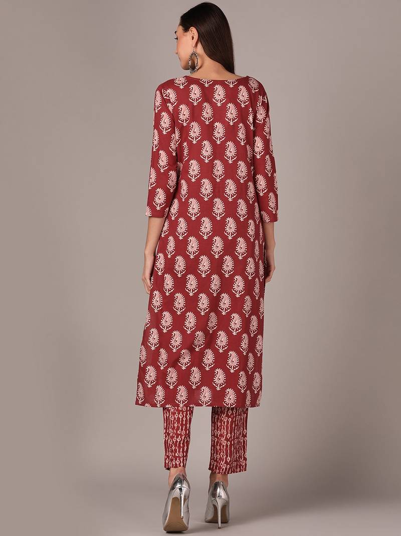 maroon paisley cotton blend fancy kurta with trouser set