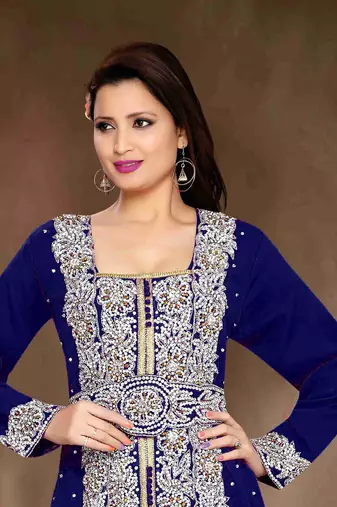 Navy-Blue color Handmade Moroccan Kaftan with hijjab