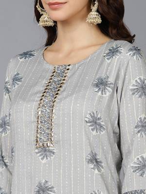 grey ethnic motifs cotton blend fancy kurta with trouser set 2
