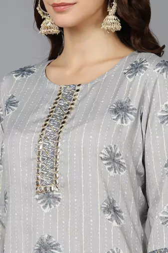 grey ethnic motifs cotton blend fancy kurta with trouser set