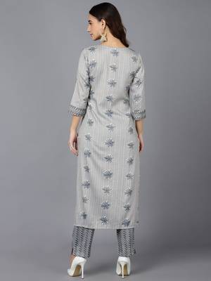 grey ethnic motifs cotton blend fancy kurta with trouser set 3