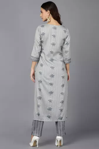 grey ethnic motifs cotton blend fancy kurta with trouser set