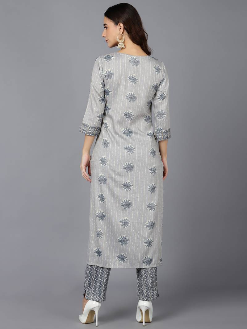 grey ethnic motifs cotton blend fancy kurta with trouser set