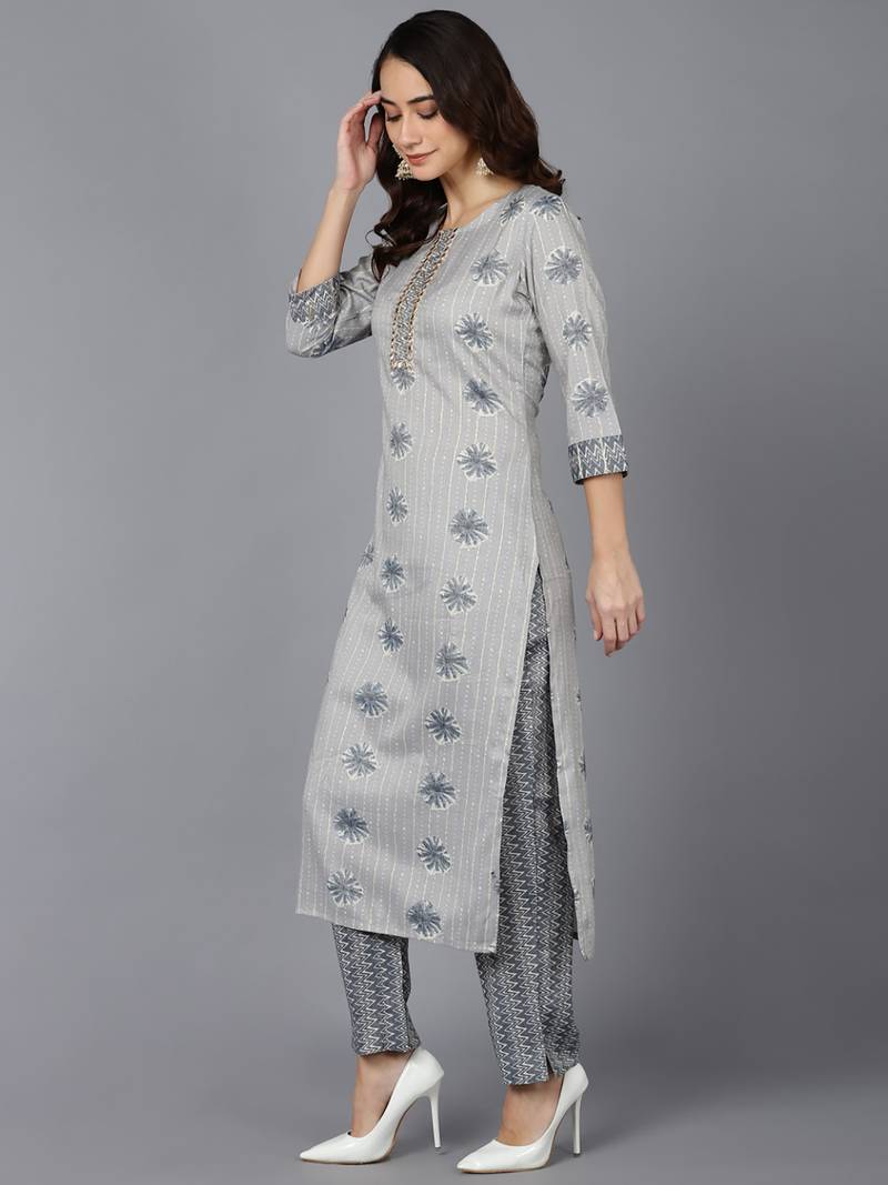 grey ethnic motifs cotton blend fancy kurta with trouser set