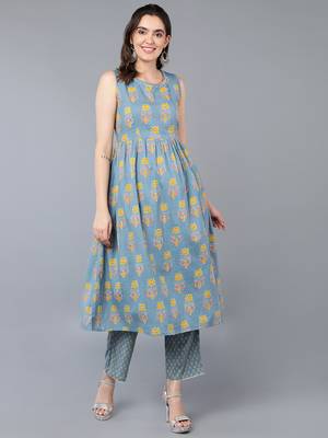 Blue Cotton Floral Kurti 1