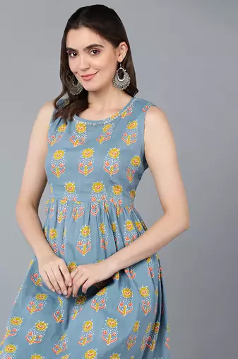 Blue Cotton Floral Kurti
