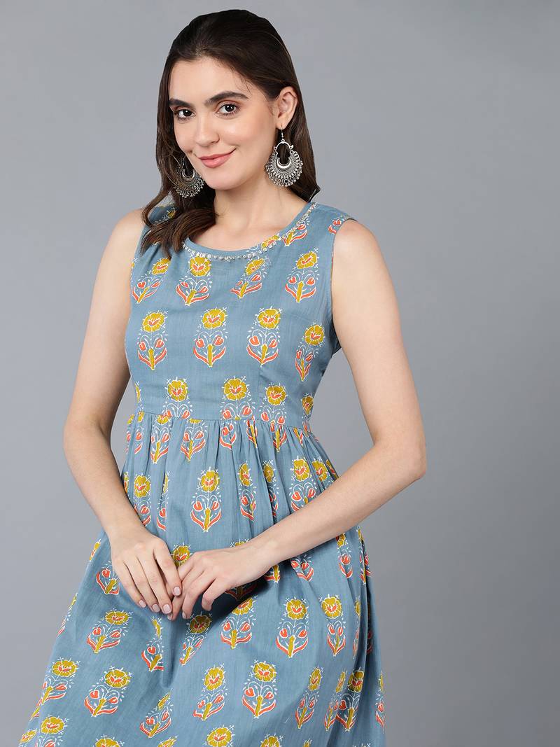 Blue Cotton Floral Kurti