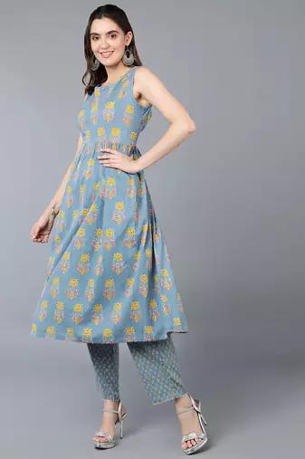 Blue Cotton Floral Kurti