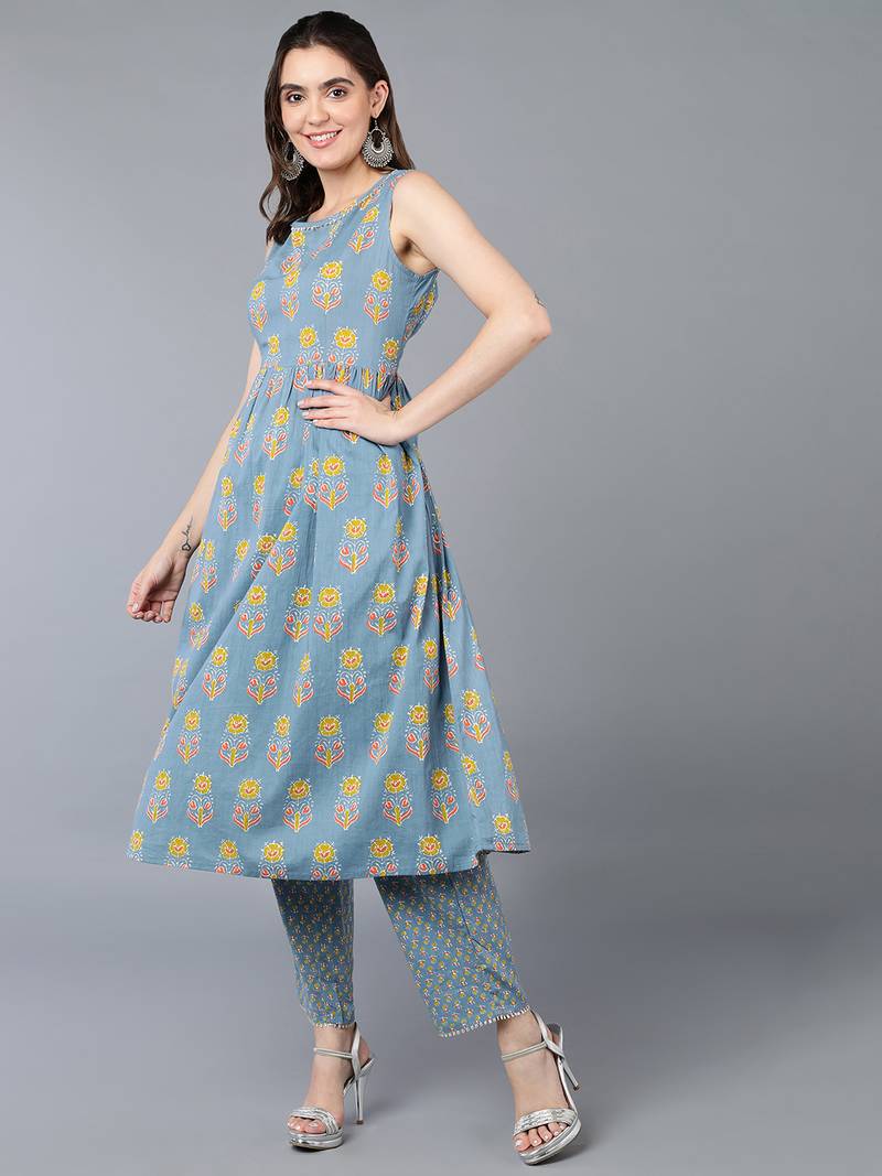Blue Cotton Floral Kurti
