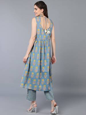 Blue Cotton Floral Kurti 4