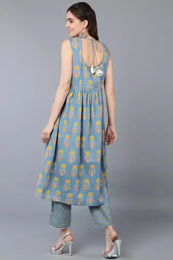 Blue Cotton Floral Kurti