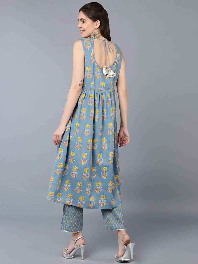 Blue Cotton Floral Kurti