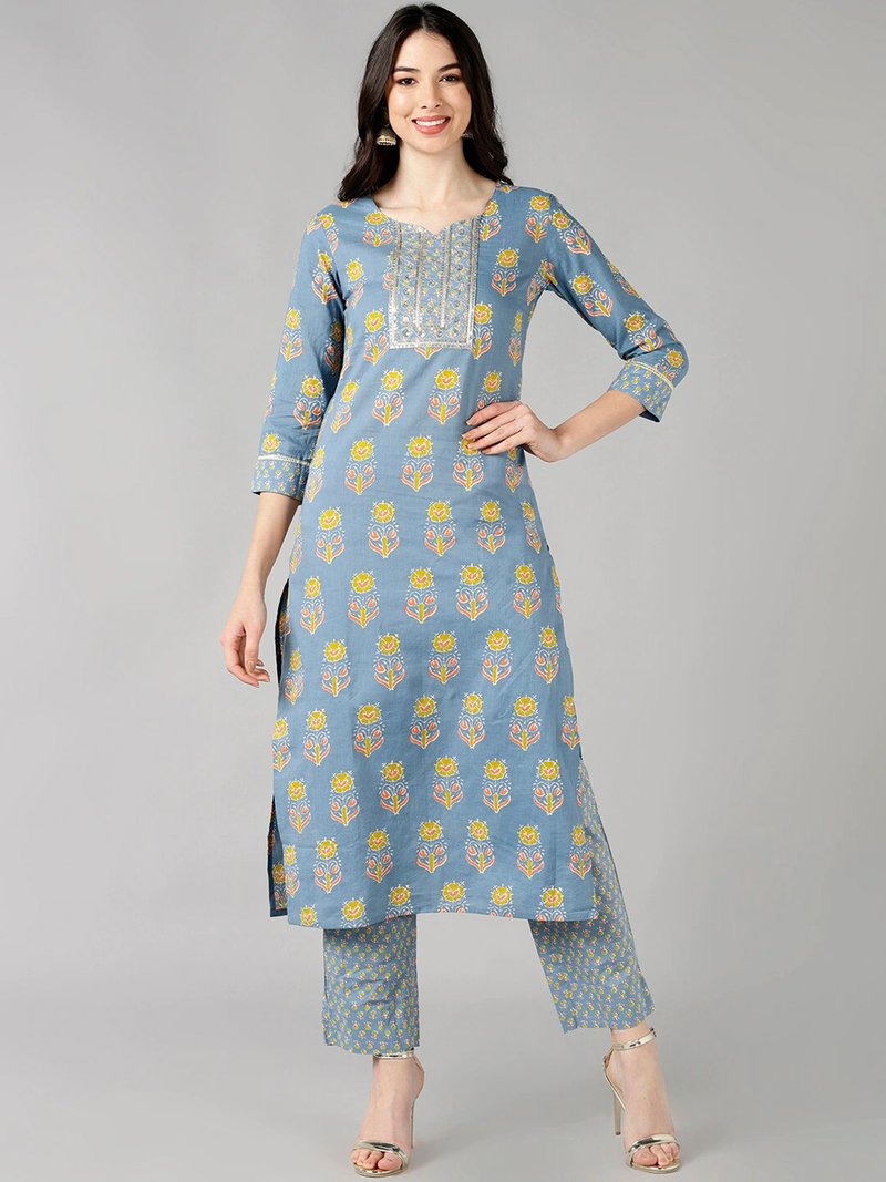 grey ethnic motifs pure cotton fancy kurta with trouser set