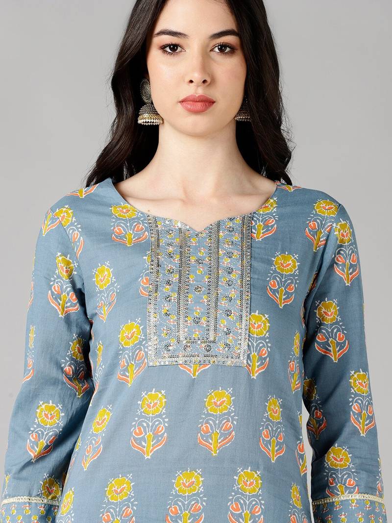 grey ethnic motifs pure cotton fancy kurta with trouser set