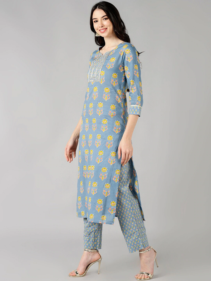 grey ethnic motifs pure cotton fancy kurta with trouser set