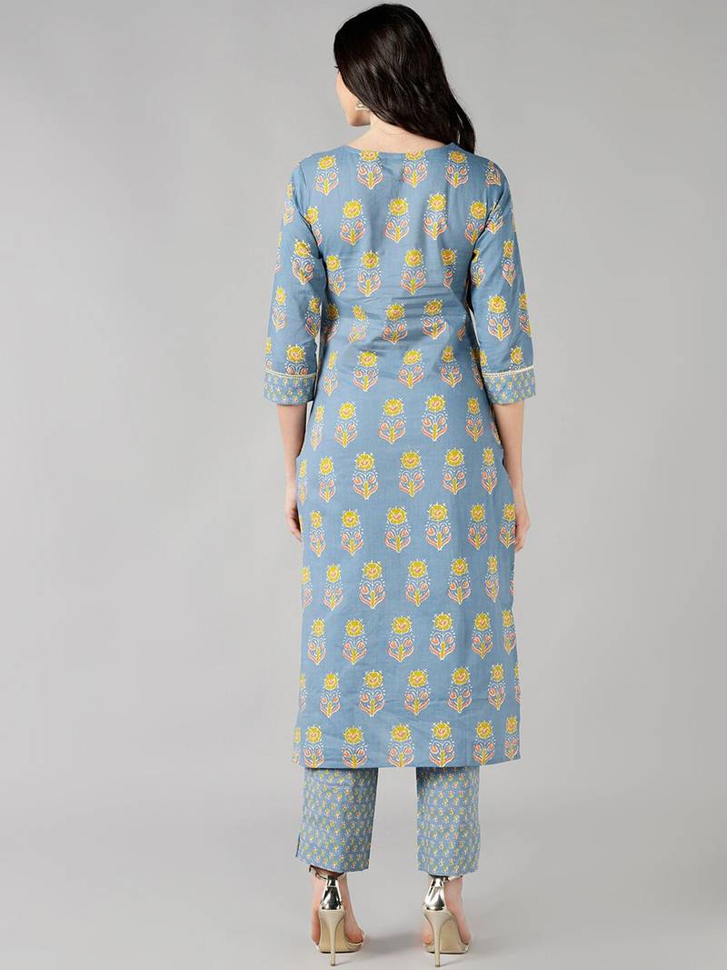 grey ethnic motifs pure cotton fancy kurta with trouser set