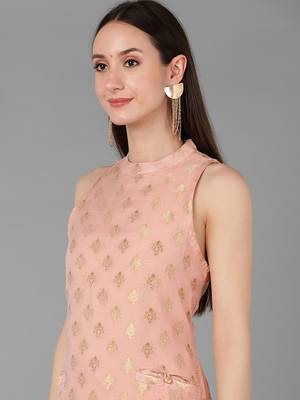 peach ethnic motifs poly chanderi fancy kurta with trouser set 2