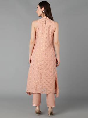 peach ethnic motifs poly chanderi fancy kurta with trouser set 3