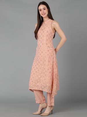 peach ethnic motifs poly chanderi fancy kurta with trouser set 4