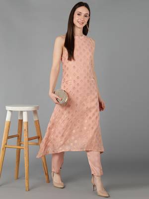 peach ethnic motifs poly chanderi fancy kurta with trouser set 1
