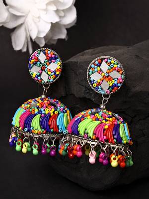 Women multi color artificial beads brass-plated dome shaped jhumka earrings 1
