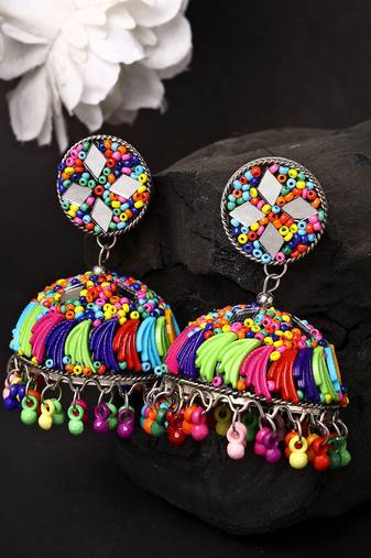 Women multi color artificial beads brass-plated dome shaped jhumka earrings