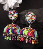Women multi color artificial beads brass-plated dome shaped jhumka earrings