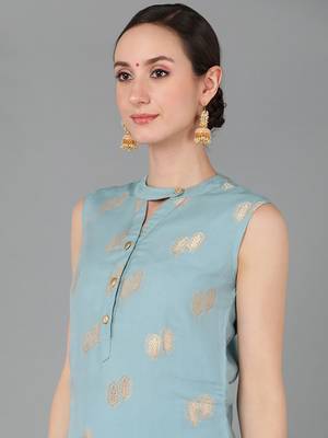 blue ethnic motifs poly chanderi fancy kurta with trouser set 2