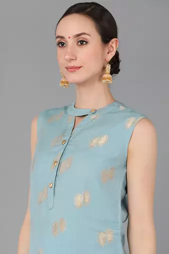 blue ethnic motifs poly chanderi fancy kurta with trouser set