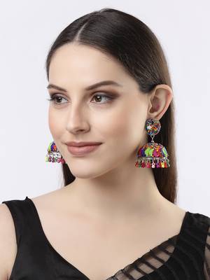 Women multi color artificial beads brass-plated dome shaped jhumka earrings 2